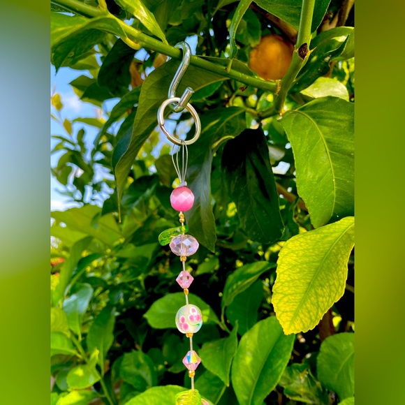Pink crystal sun catcher with various crystal, glass and metal beads/accents - Picture 9 of 11